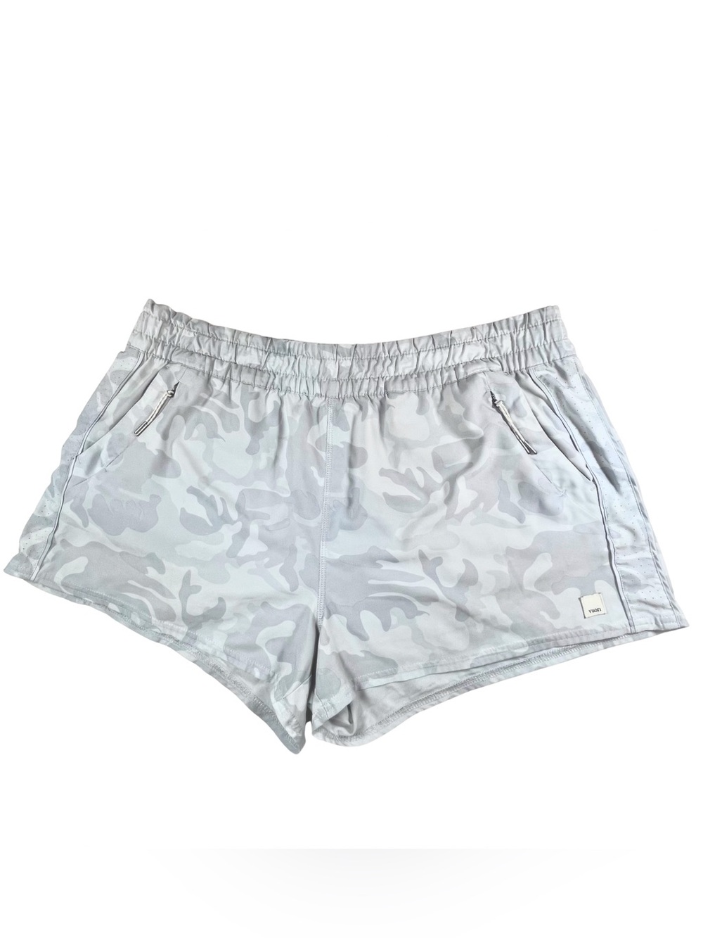 VUORI Women's Dash Shorts Light Gray Camo Athletic Running Shorts XL